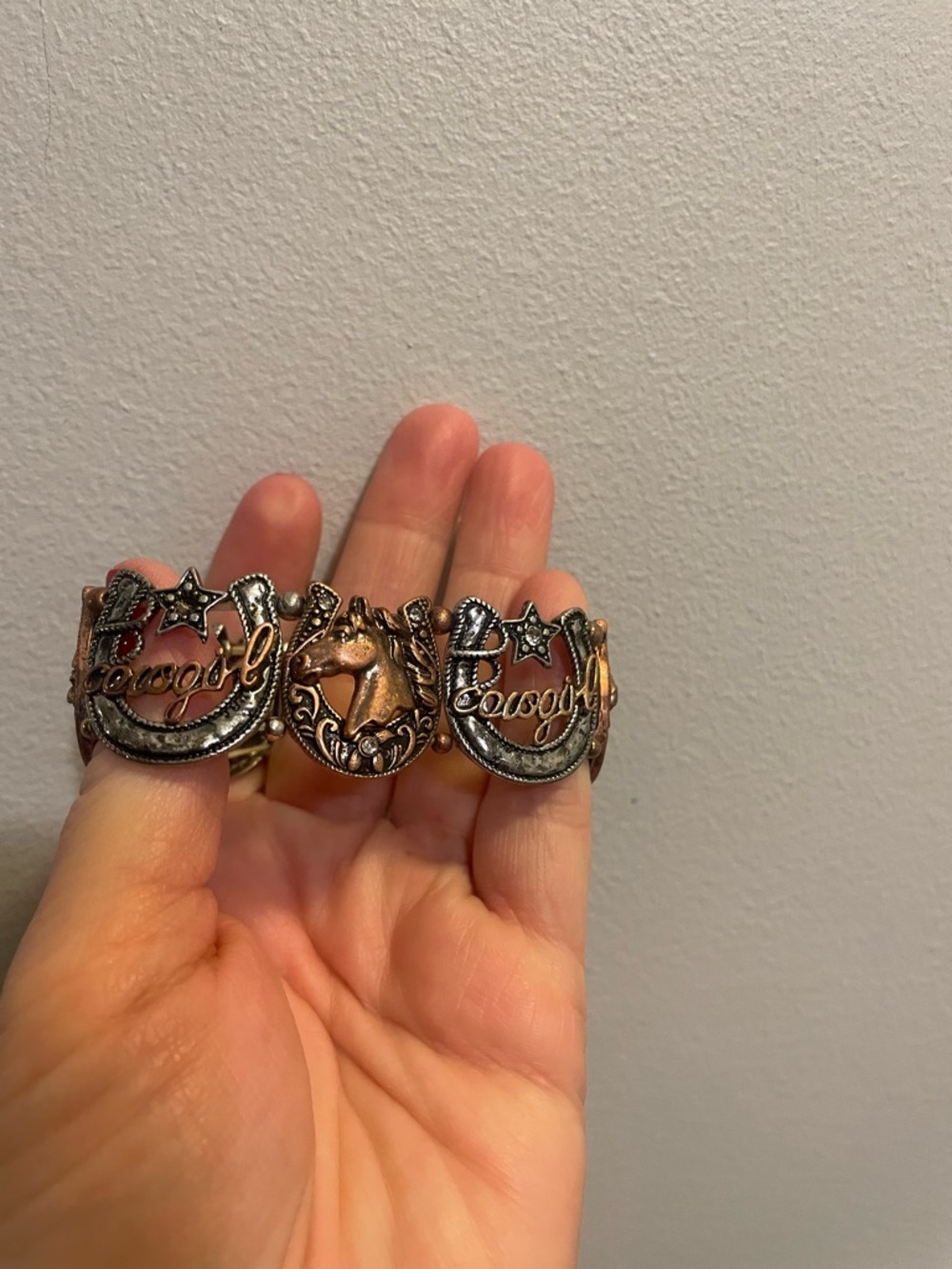 Western Horse & Horseshoe Stretch Bracelet in Two-Tone Copper and Silver